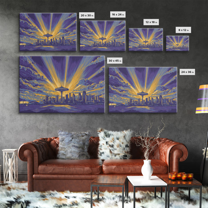 Seattle Space Needle Sunburst Wall Art, Midcentury Modern Canvas Print, Retro Skyline Poster, Purple Yellow MCM Home Decor