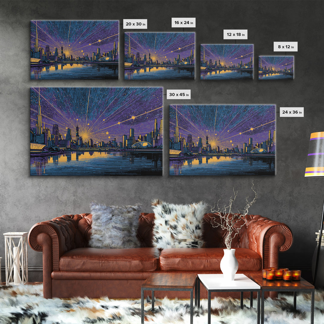 Futuristic Skyline Meteor Shower Wall Art, Midcentury Modern Sci Fi City Poster, Blue Gold Urban Decor, MCM Office Print