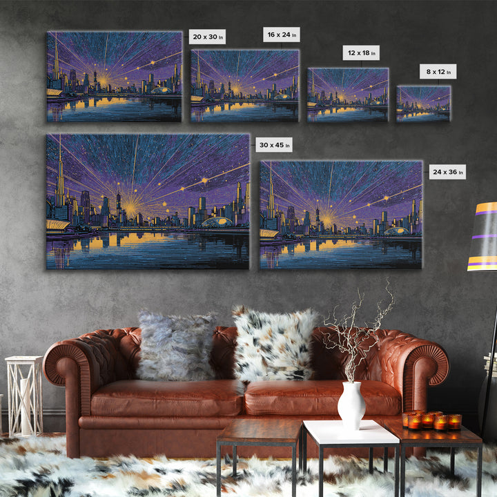 Futuristic Skyline Meteor Shower Wall Art, Midcentury Modern Sci Fi City Poster, Blue Gold Urban Decor, MCM Office Print
