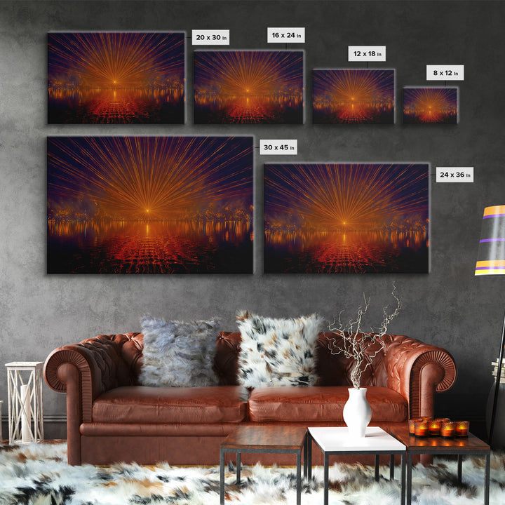 Orange Laser Sunset Over Water Wall Art, Modern Abstract Sci Fi Landscape, Retro Futuristic Poster, Large MCM Office Decor