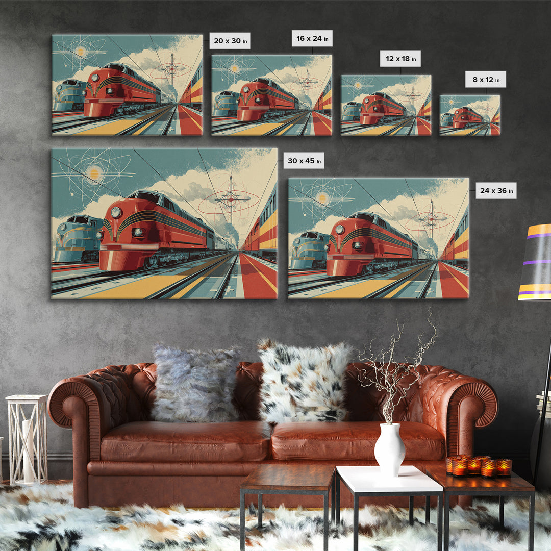 Red Streamliner Train Station Wall Art, Retro Futurism Poster, Mid Century Modern Decor, Atomic Railroad Print, Office Wall Decor