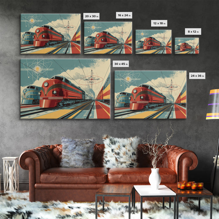 Red Streamliner Train Station Wall Art, Retro Futurism Poster, Mid Century Modern Decor, Atomic Railroad Print, Office Wall Decor