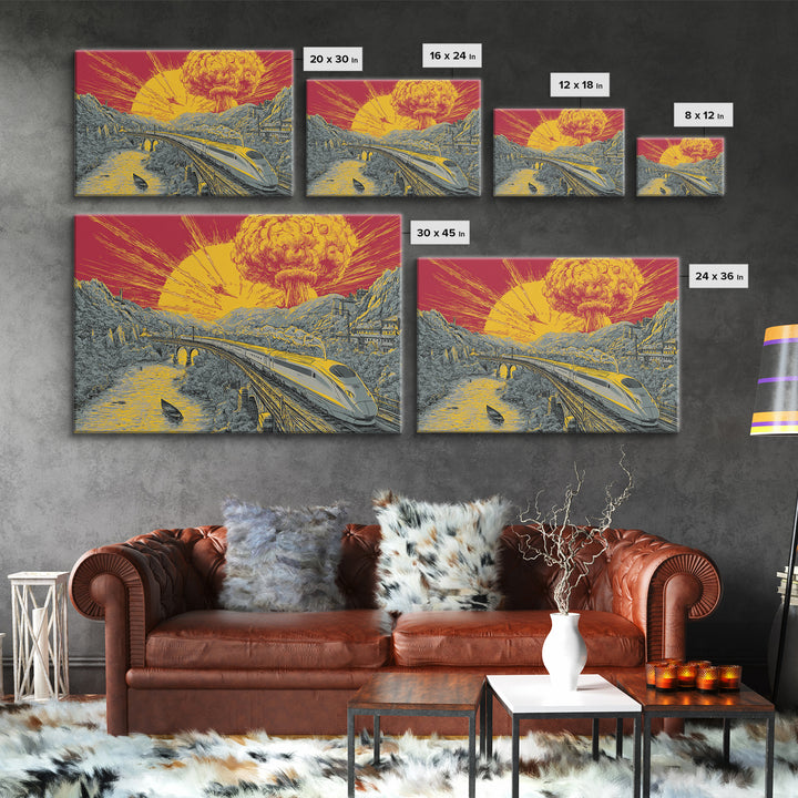 Nuclear Bullet Train Landscape Canvas Print, Apocalyptic Retro Poster, Sci Fi Wall Decor, Dramatic Yellow Art, Modern Wall Art