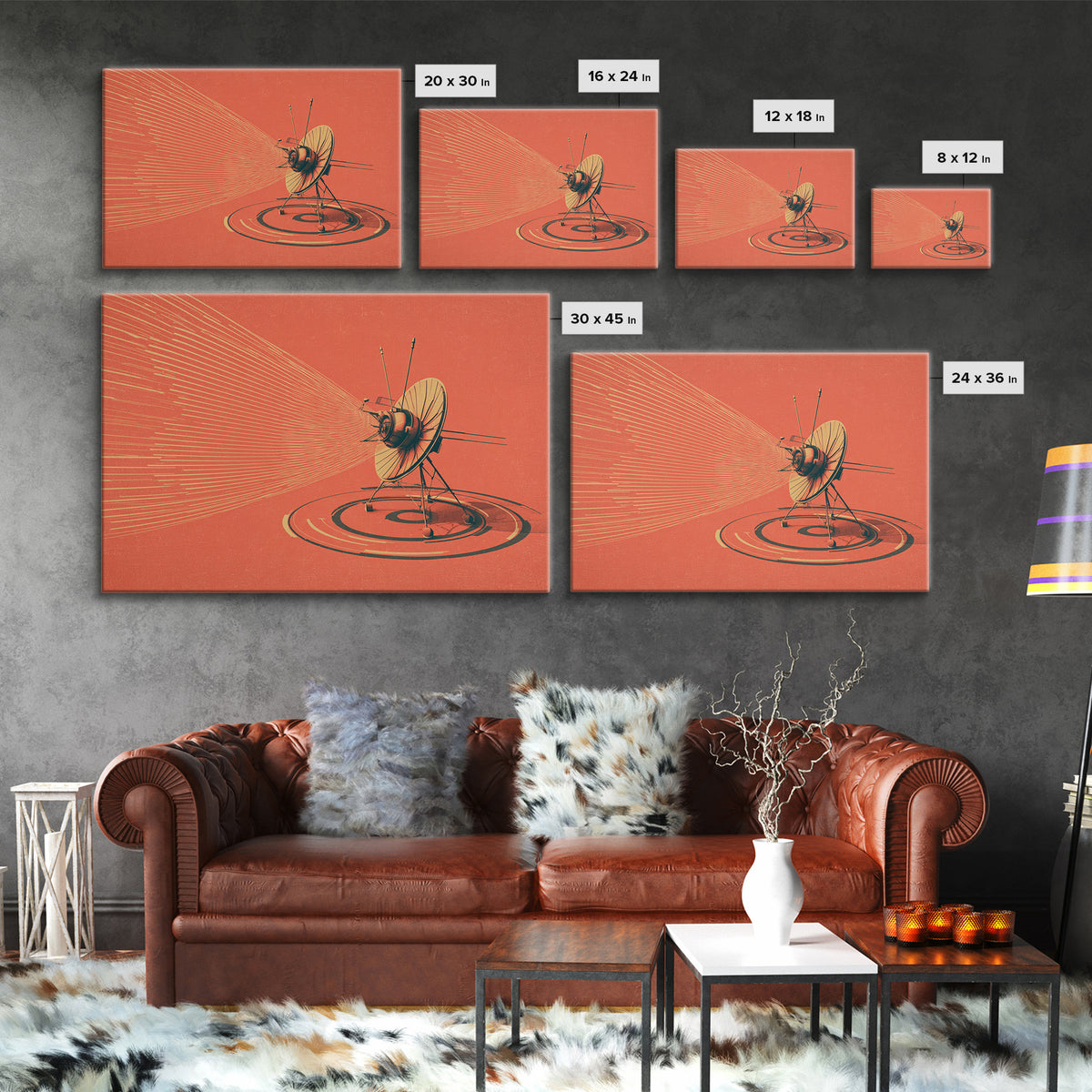 Orange Satellite Dish Signal Canvas Print, Retro Futurism Space Poster, Atomic Midcentury Decor, Minimalist Wall Art For Office