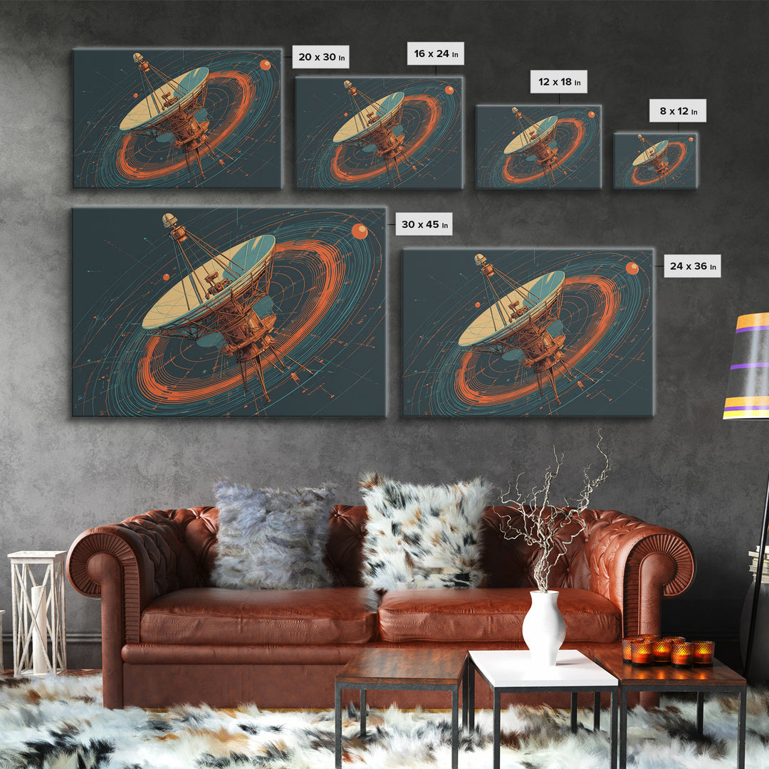Deep Space Radio Telescope Canvas Print, Teal Orange Retro Futurism Poster, Orbital Lines Art, Midcentury Modern Wall Decor