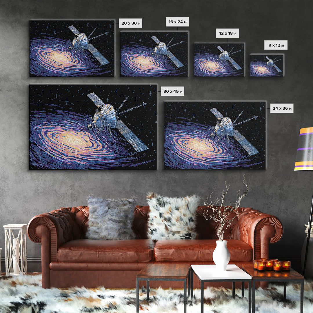 Galaxy Probe Over Vortex Framed Canvas Print, Starry Sci Fi Poster, Retro Space Abstract Art, Blue Wall Decor For Office