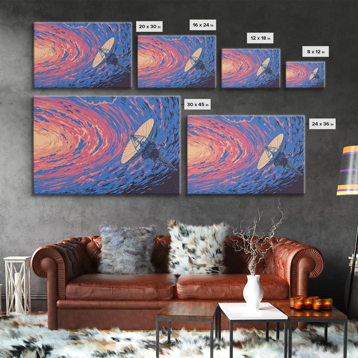 Pink Blue Cosmic Vortex Satellite Wall Art, Retro Futurism Space Poster, Modern Abstract Art Print, Sci Fi Office Wall Decor