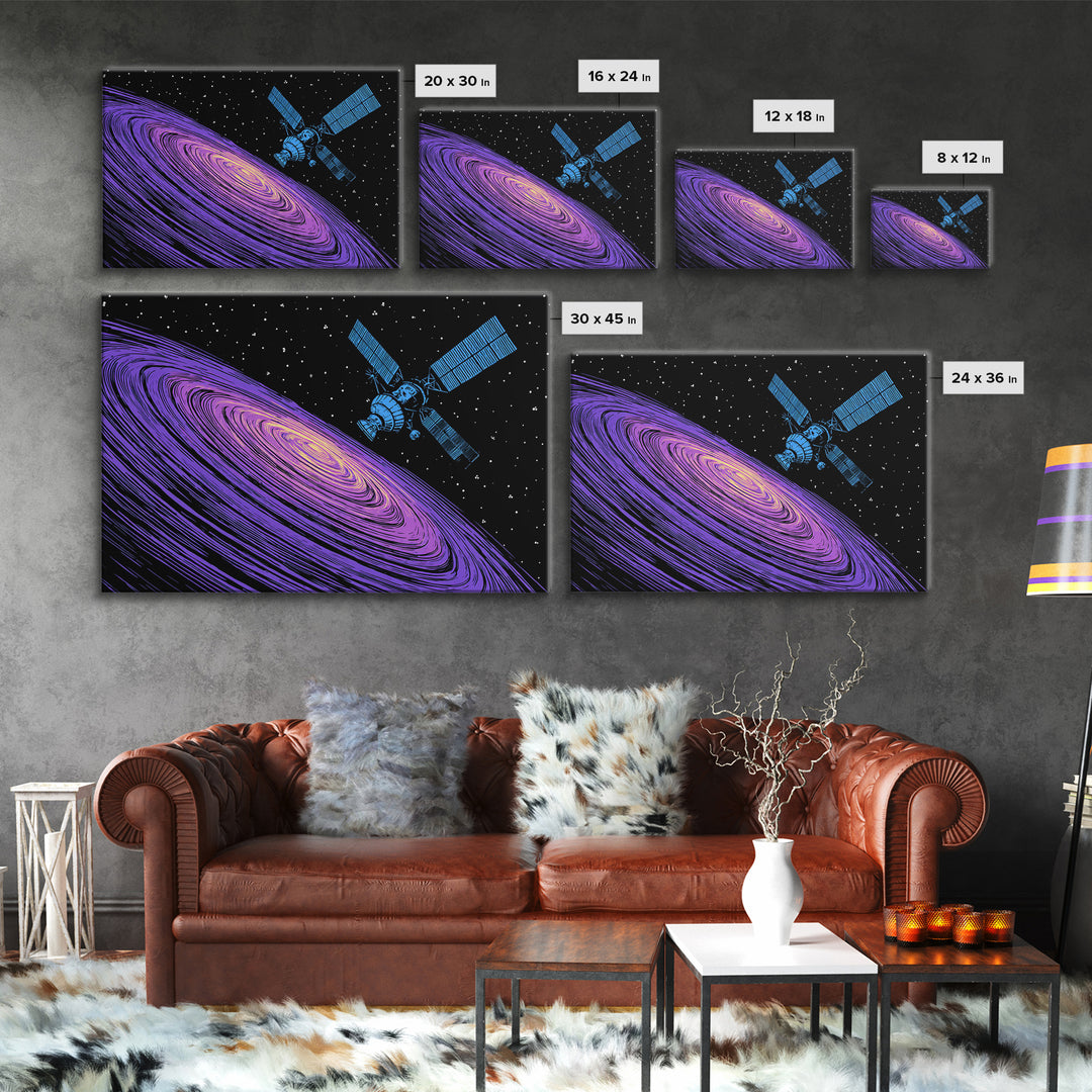 Purple Galaxy Satellite Canvas Print, Retro Sci Fi Space Poster, Cosmic Abstract Art, Blue Black Wall Decor, Modern Art Print