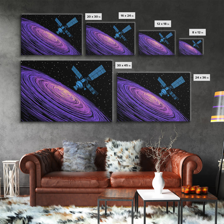 Purple Galaxy Satellite Canvas Print, Retro Sci Fi Space Poster, Cosmic Abstract Art, Blue Black Wall Decor, Modern Art Print