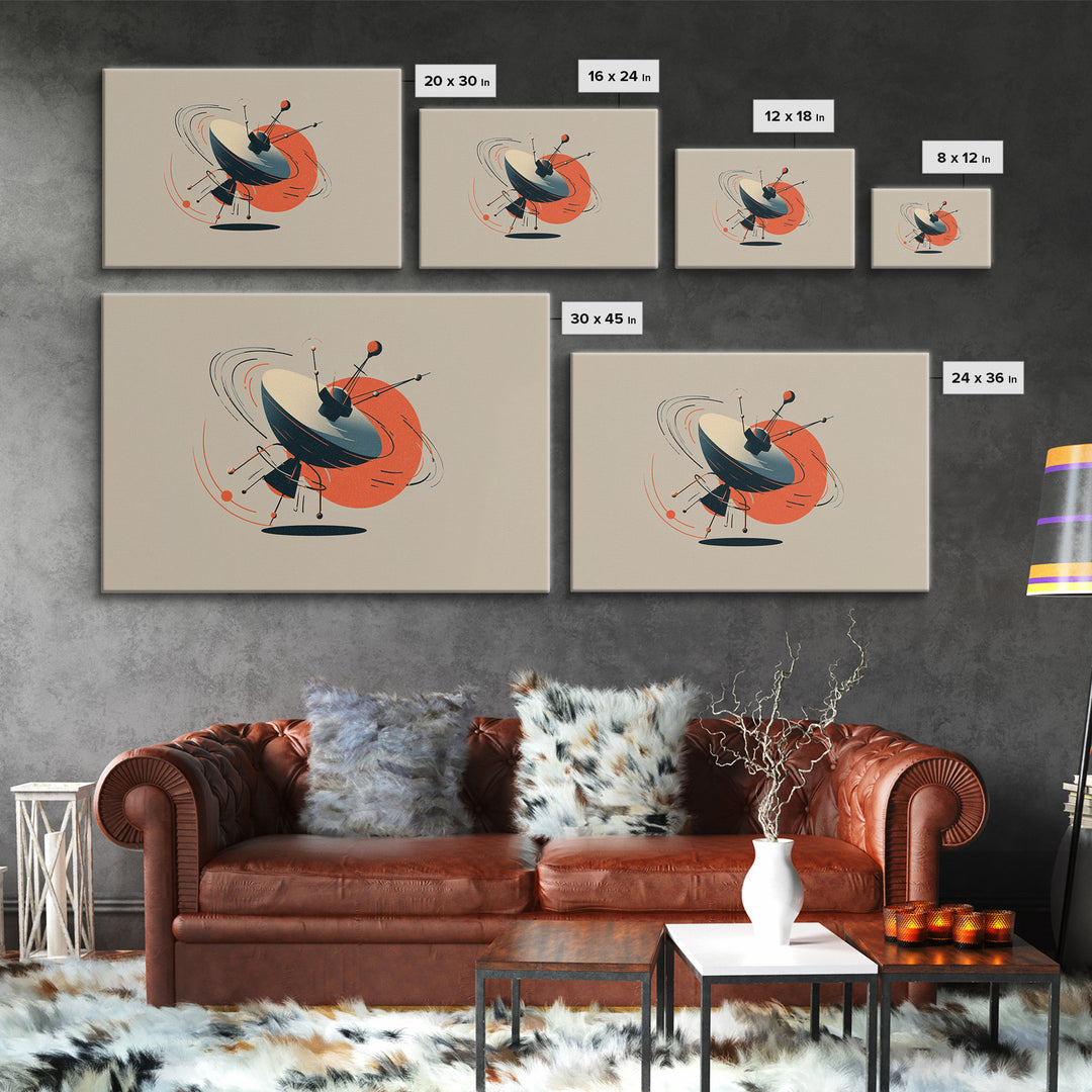 Atomic Sputnik Satellite Sculpture Wall Art, Mid Century Modern Poster, Orange Beige Retro Print, Geometric Space Home Decor
