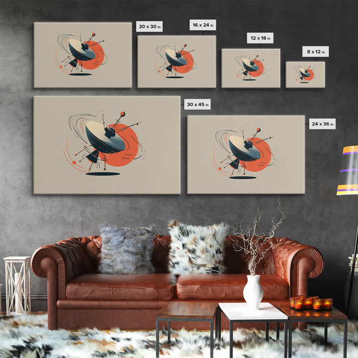 Atomic Sputnik Satellite Sculpture Wall Art, Mid Century Modern Poster, Orange Beige Retro Print, Geometric Space Home Decor