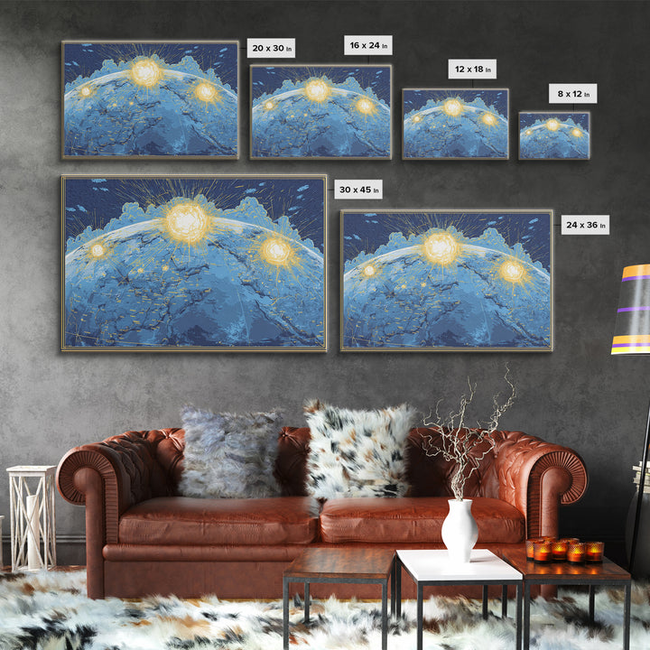 Illuminated Blue Earth Map With Three Suns Wall Art, Celestial Modern Artwork, Space Poster Decor, Global Framed Canvas Print