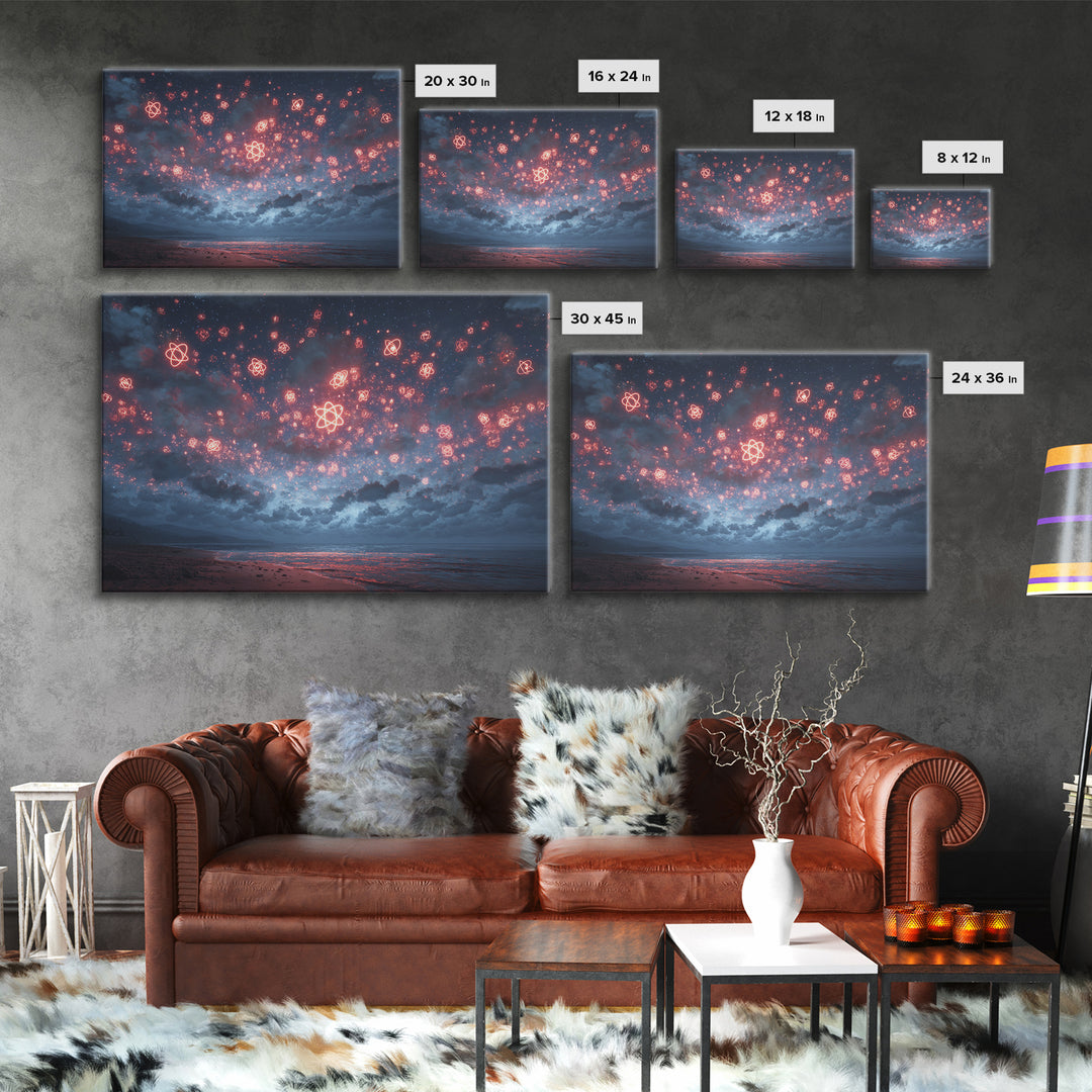 Red Atomic Night Sky Over Stormy Ocean Wall Art, Sci Fi Retro Art Print, Cosmic Retro Art, Space Abstract Art, Modern Wall Decor