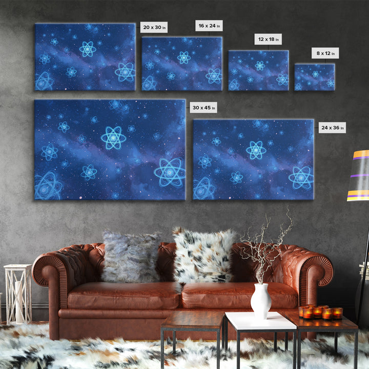 Blue Neon Atoms In Starry Nebula Canvas Print, Science Wall Art, Cosmic Retro Art, Modern Digital Art, Space Poster Decor