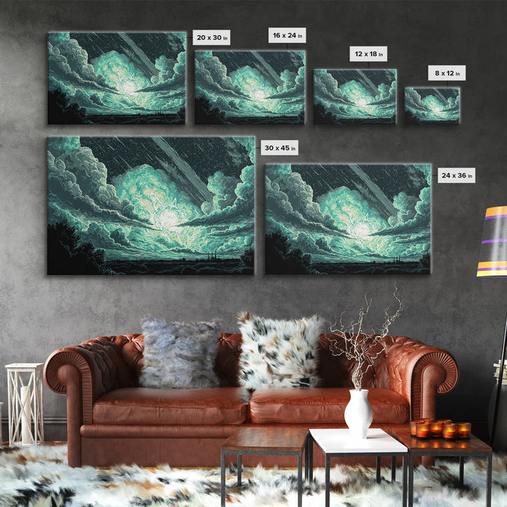 Glowing Meteor Burst In Emerald Clouds Wall Art, Pixel Sci Fi Landscape, Retro Art Poster, Space Abstract Art, Modern Wall Decor