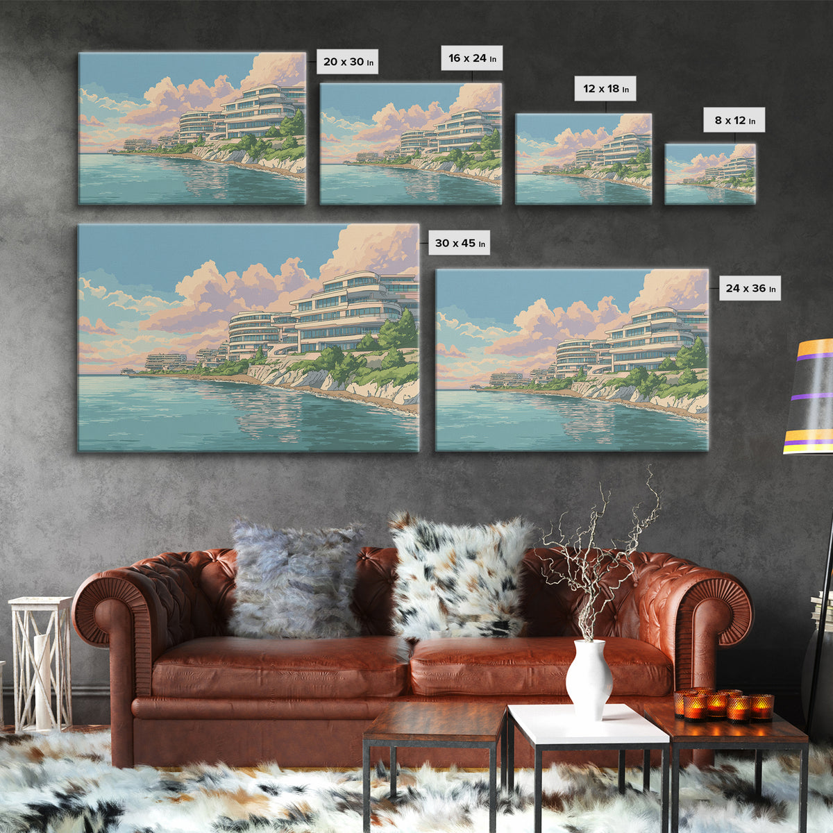 Pastel Coastal Modernist Apartments Canvas Print, Seaside Wall Art, Contemporary Print, Neutral Blue Home Decor, Ocean View Poster