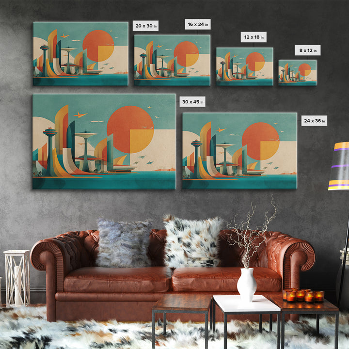 Geometric Futuristic City With Orange Sun Wall Art, Midcentury Modern Art, Atomic Retro Poster, Bauhaus Inspired Home Decor