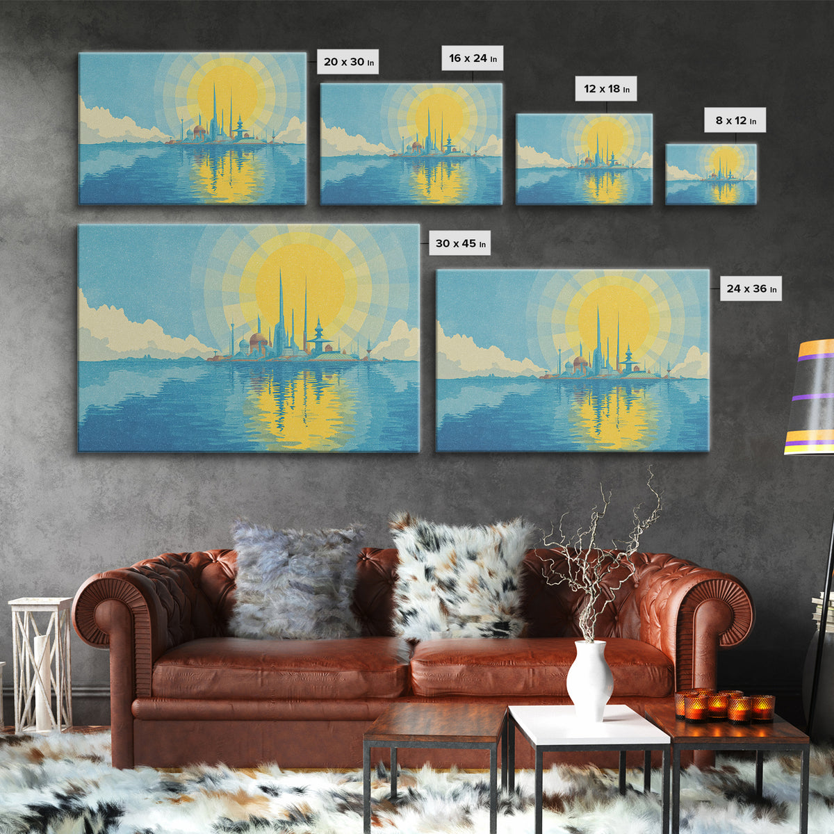 Radiant Sun Over Future Island Skyline Canvas Print, Retro Futuristic Wall Art, Blue Travel Poster, Modern Coastal Decor