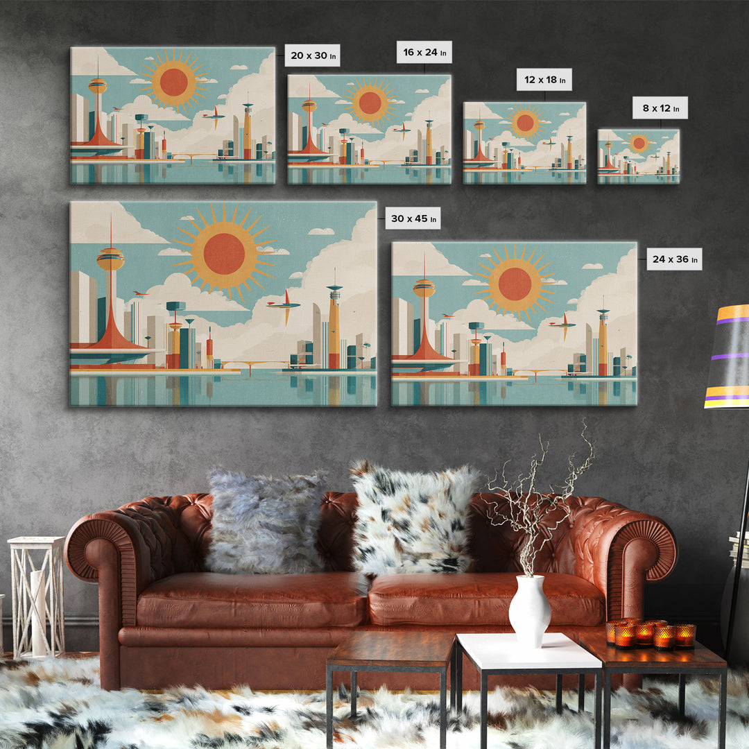 Midcentury Space Age City With Sunburst Wall Art, Atomic Retro Art Print, Geometric Poster, Modern Wall Decor, Mcm Home Decor