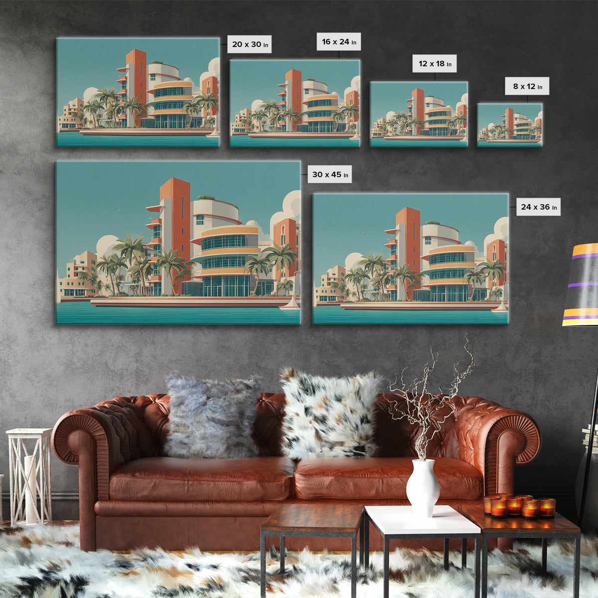 Art Deco Waterfront Hotel With Palm Trees Wall Art, Mid Century Modern Poster, Retro Travel Print, Palm Springs Decor, Home Decor
