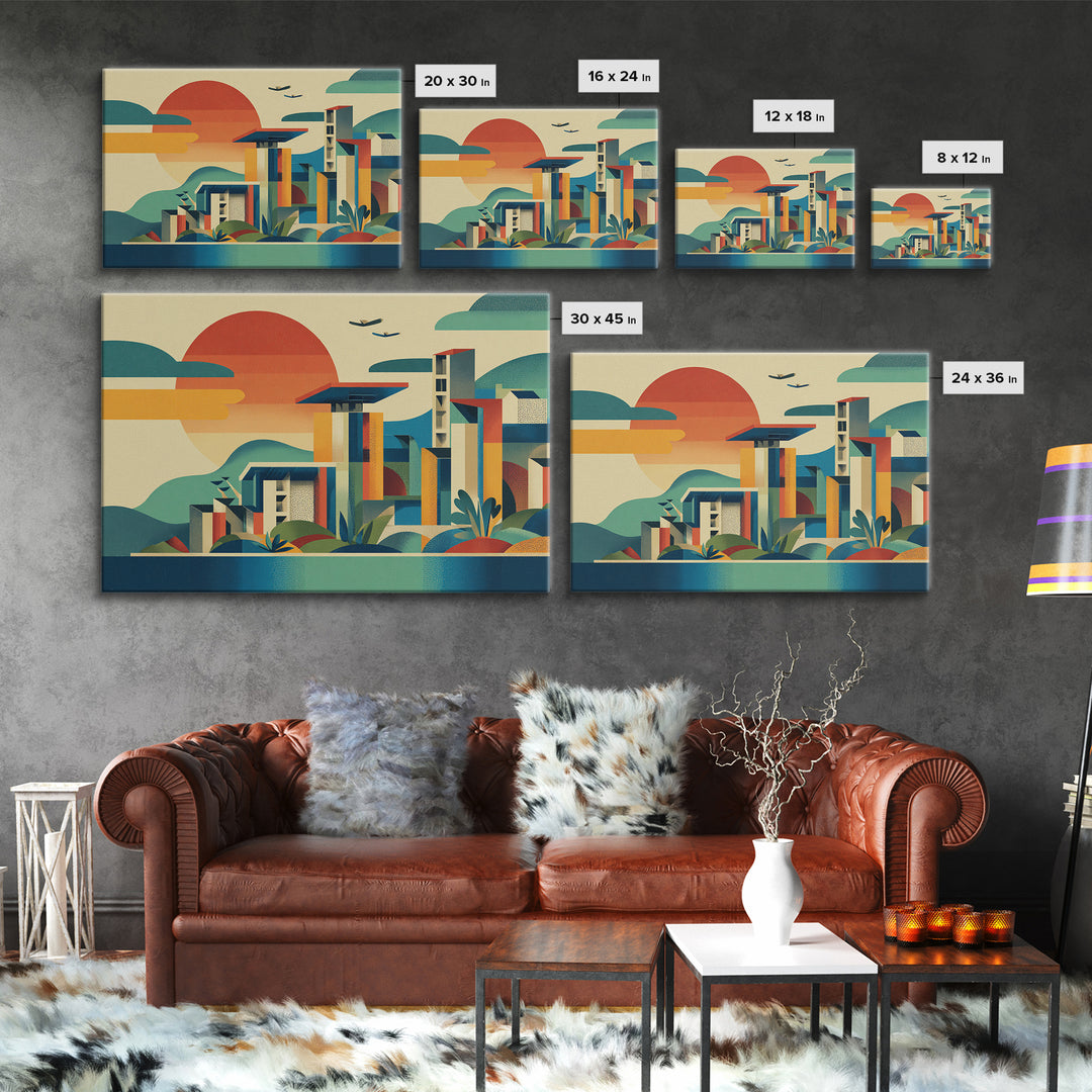 Geometric Coastal City Sunset Canvas Print, Mid Century Modern Wall Art, Bauhaus Poster, Colorful Abstract Home Decor Print