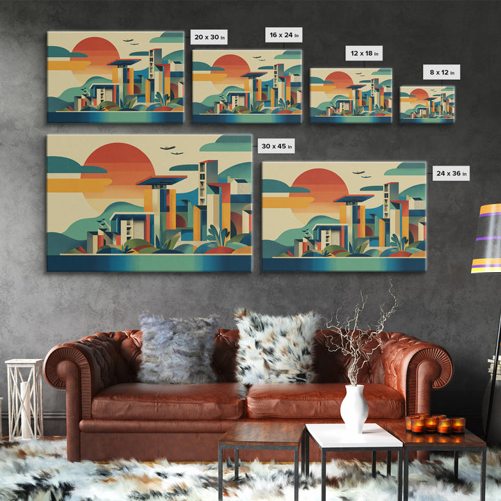 Geometric Coastal City Sunset Canvas Print, Mid Century Modern Wall Art, Bauhaus Poster, Colorful Abstract Home Decor Print