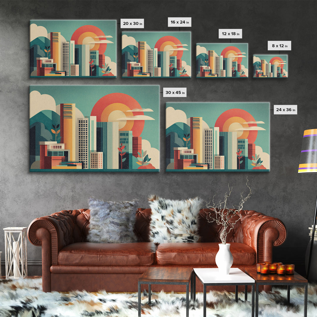Modern City Skyline With Giant Sun Wall Art, Mid Century Modern Print, Geometric Abstract Poster, Colorful Office Decor Print