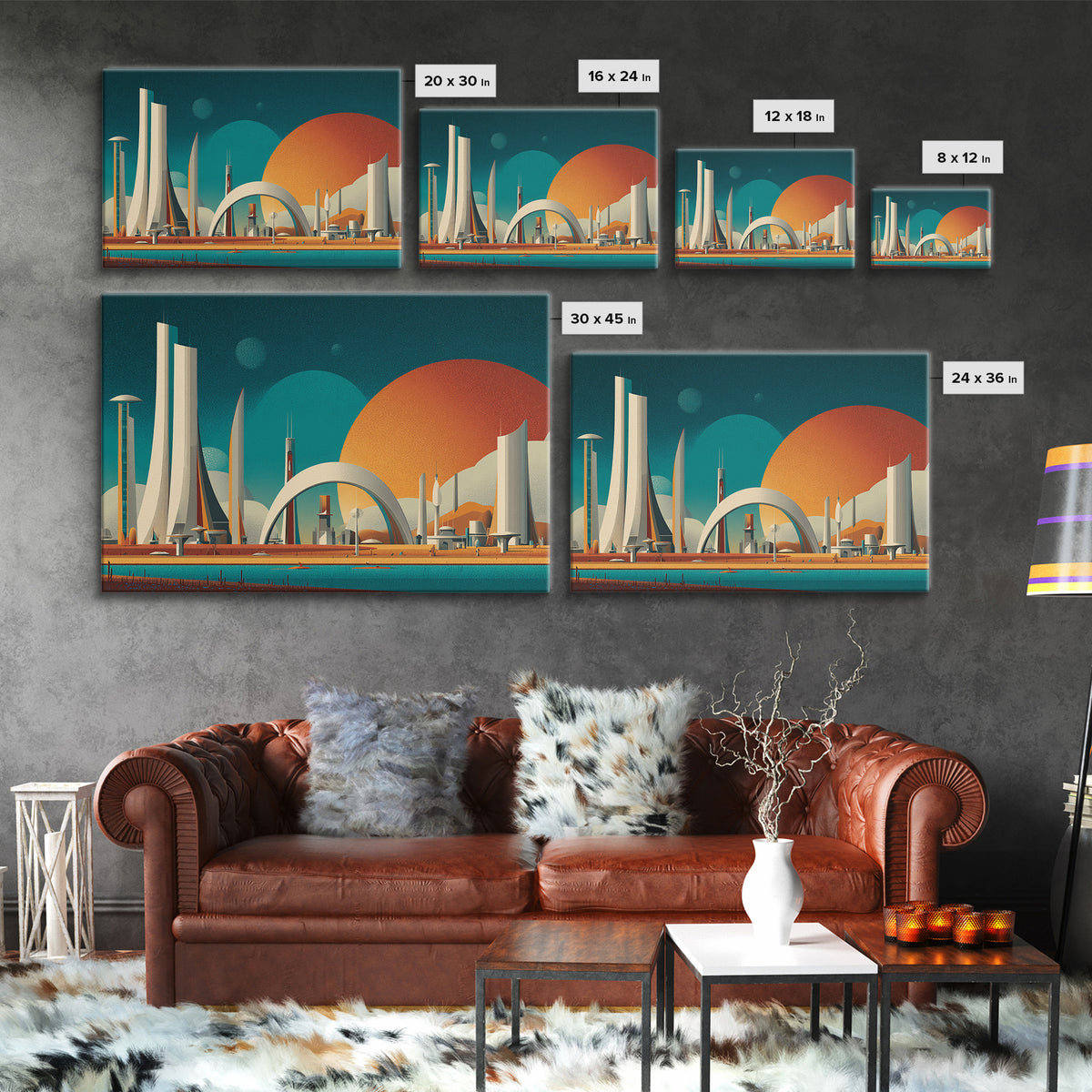 Futurist White Towers And Arched City Canvas Print, Mid Century Modern Wall Art, Retro Sci Fi Poster, Large Wall Decor Print