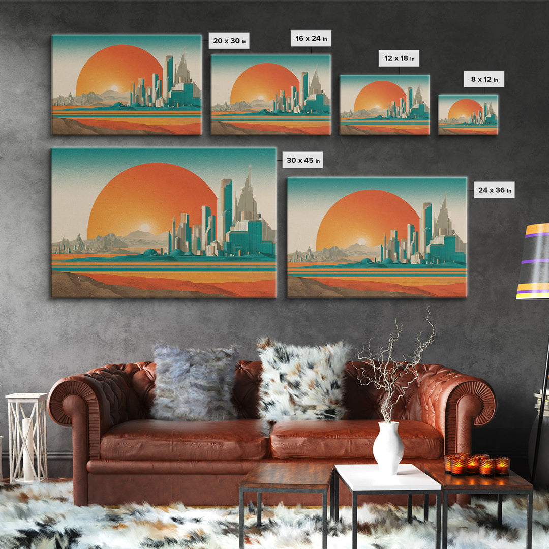 Desert Metropolis With Giant Orange Sun Framed Canvas Print, Mid Century Modern Wall Art, Retro Futuristic Poster, Office Decor