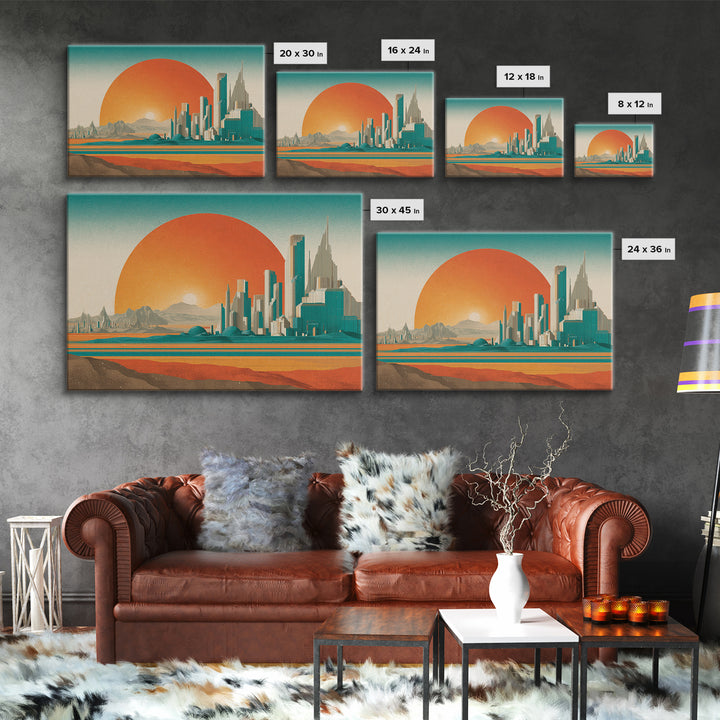 Desert Metropolis With Giant Orange Sun Framed Canvas Print, Mid Century Modern Wall Art, Retro Futuristic Poster, Office Decor