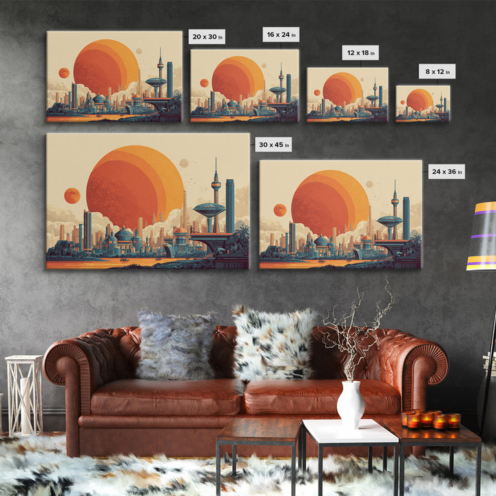 Futuristic Planet Skyline With Domed City Wall Art, Mid Century Modern Poster, Retro Sci Fi Print, Colorful Home Decor Print