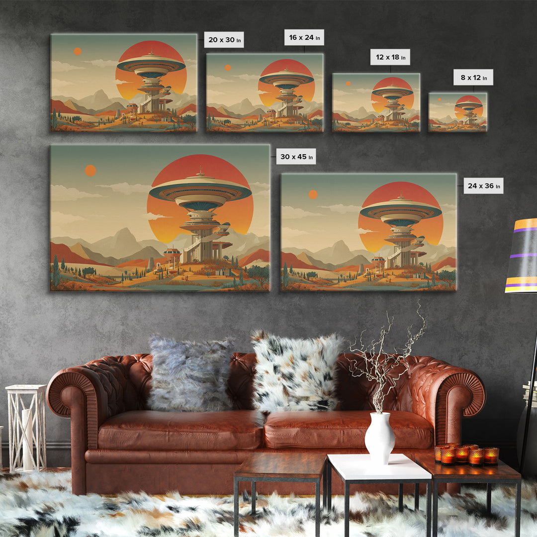 Retro Space Age Saucer Tower In Desert Framed Canvas Print, Mid Century Modern Wall Art, Sci Fi Poster, Statement Decor Print