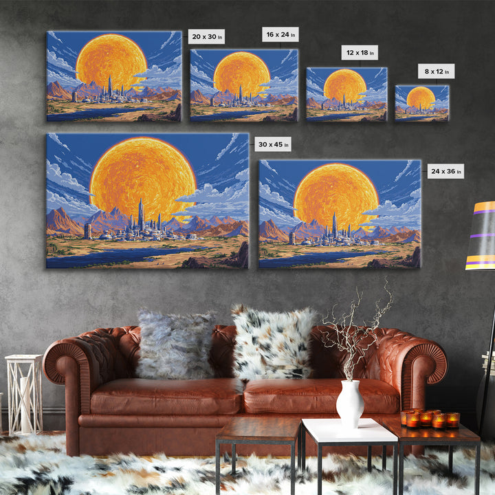 Futuristic Desert City With Giant Orange Sun Wall Art, Retro Sci Fi Poster, Midcentury Modern Art, MCM Space Decor, Living Room Decor