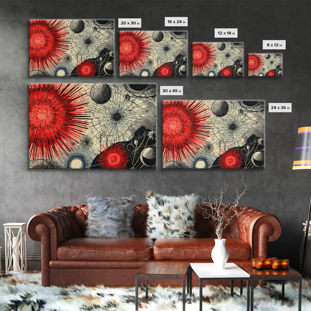 Red Black Cosmic Starburst Wall Art, Retro Space Abstract Art, Midcentury Modern Poster, Atomic Art Print, MCM Room Decor
