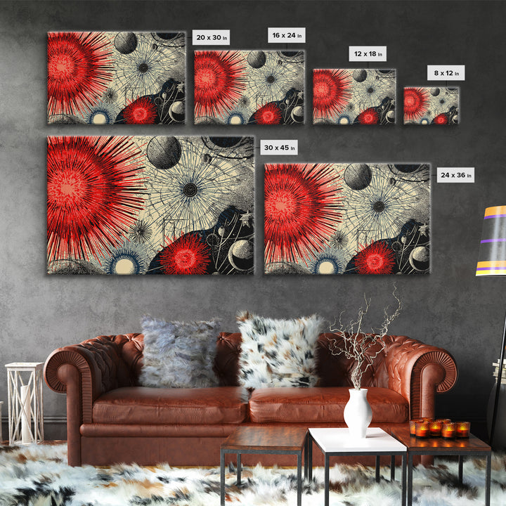Red Black Cosmic Starburst Wall Art, Retro Space Abstract Art, Midcentury Modern Poster, Atomic Art Print, MCM Room Decor