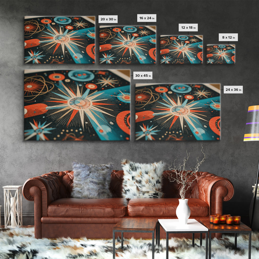 Teal Orange Atomic Starburst Framed Canvas Print, Midcentury Modern Wall Art, Retro Art Print, Space Age MCM Home Decor Poster