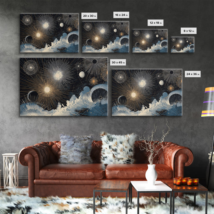 Night Sky Fireworks Over Ocean Waves Canvas Print, Celestial Wall Art, Modern Abstract Art, Blue Gold Living Room Decor Poster