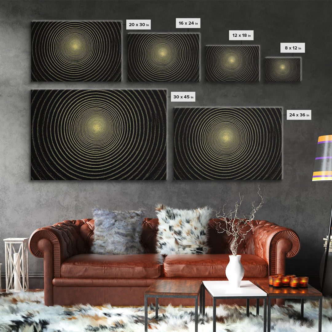Golden Hypnotic Concentric Circles Wall Art, Black Op Art Print, Midcentury Modern Geometric Poster, Minimal Office Decor