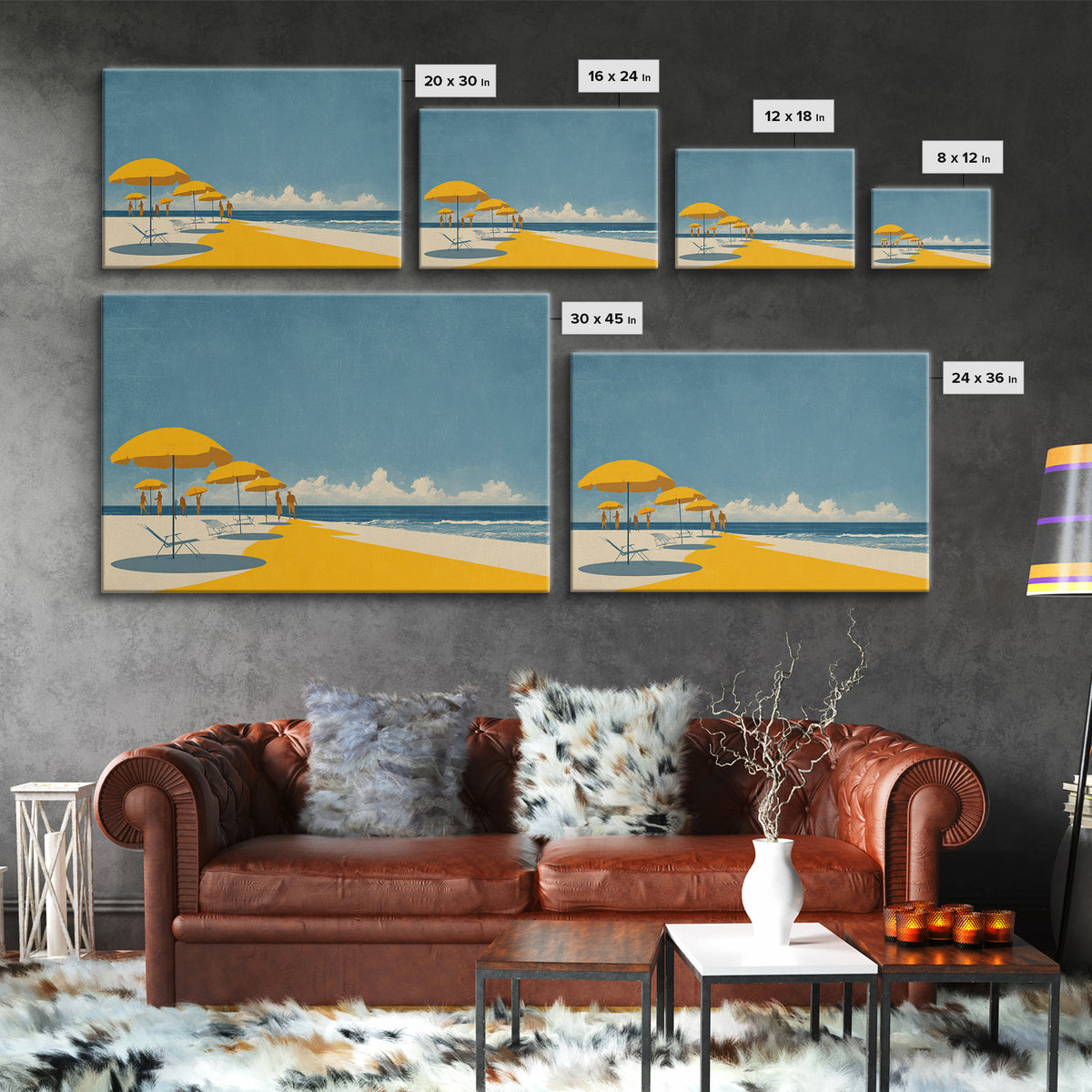 Yellow Beach Umbrellas And Blue Sea Wall Art, Retro Travel Canvas Print, Coastal Summer Poster, Bright Living Room Decor