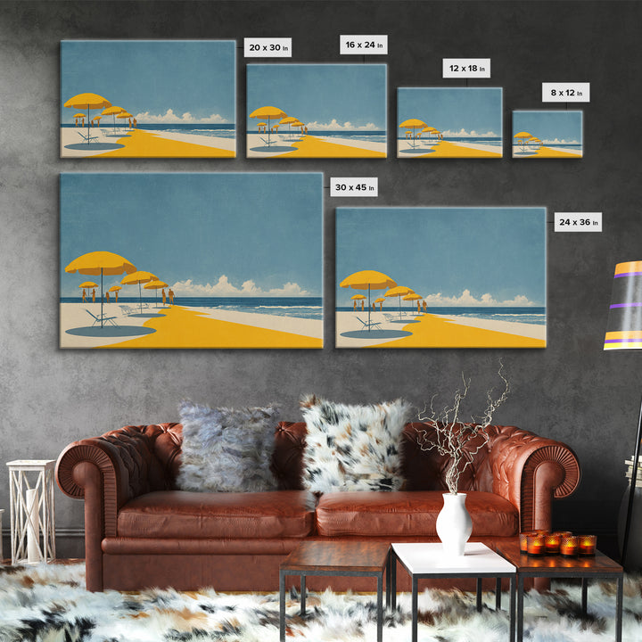 Yellow Beach Umbrellas And Blue Sea Wall Art, Retro Travel Canvas Print, Coastal Summer Poster, Bright Living Room Decor