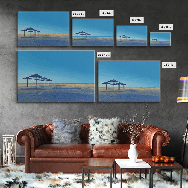 Blue Shoreline Umbrellas Wall Art, Minimal Coastal Canvas Print, Midcentury Modern Travel Poster, Calm Beach House Decor