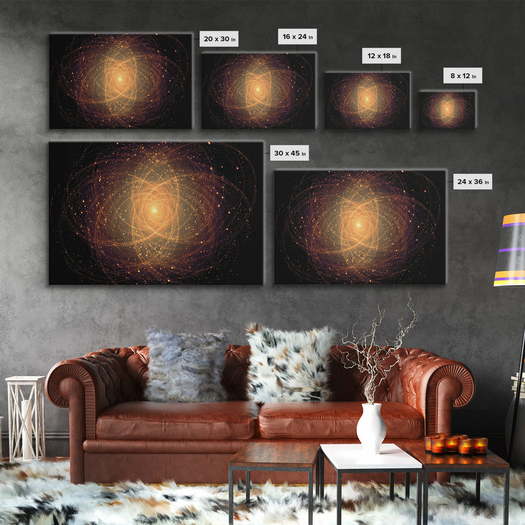 Golden Atomic Particle Orb Wall Art, Modern Abstract Art Print, Space Abstract Art, Midcentury Decor, Framed Canvas Print
