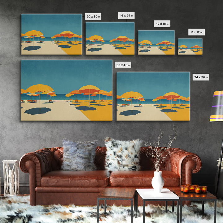Sunny Yellow Beach Umbrellas Wall Art, Retro Coastal Canvas, Midcentury Modern Decor, Ocean Summer Print For Living Room