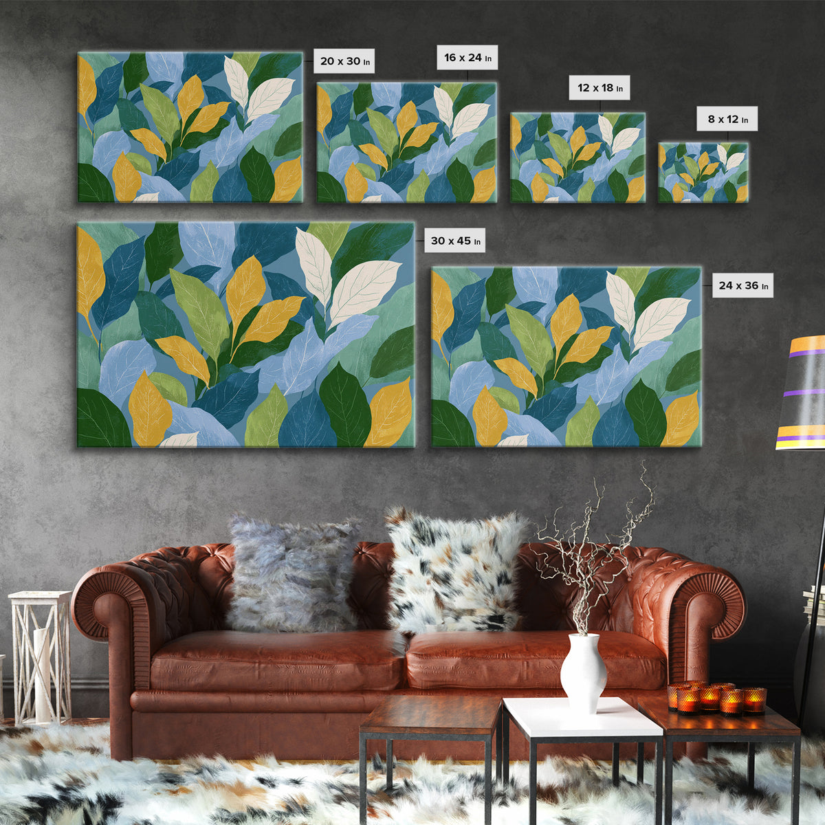 Layered Blue Green And Gold Leaves Wall Art, Botanical Midcentury Modern Art Print, Nature Decor For Bedroom Living Room