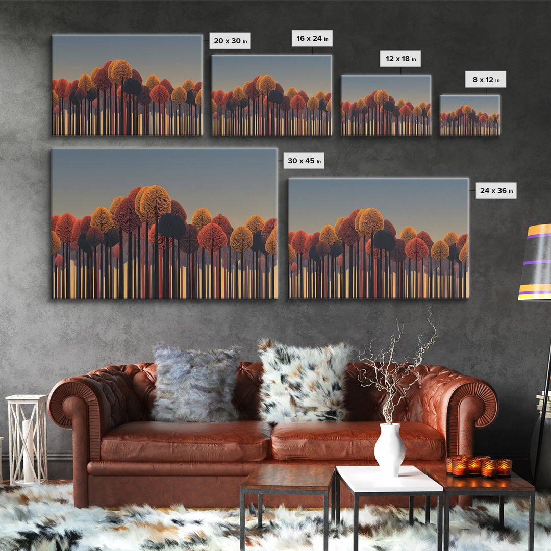 Autumn Orange Red Treeline Wall Art, Bold Midcentury Modern Canvas Print, Retro Forest Decor For Living Room Home Office