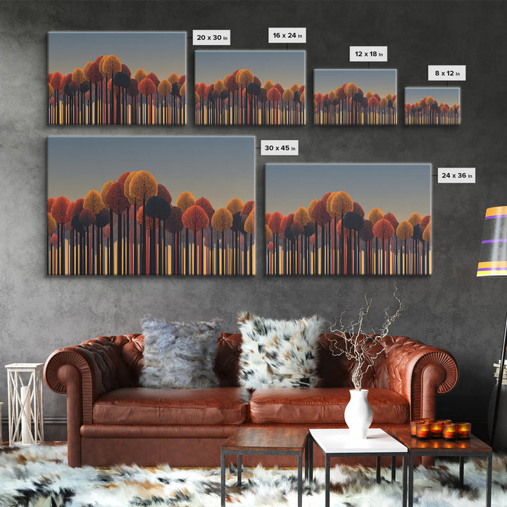 Autumn Orange Red Treeline Wall Art, Bold Midcentury Modern Canvas Print, Retro Forest Decor For Living Room Home Office