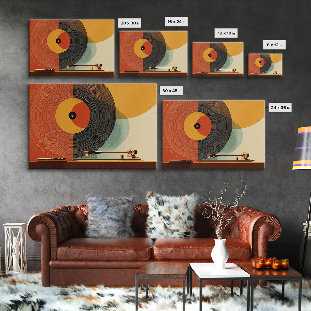 Orange Vinyl Turntable Abstract Wall Art, Mid Century Modern Music Poster, Retro Record Player Decor, Bold MCM Home Decor
