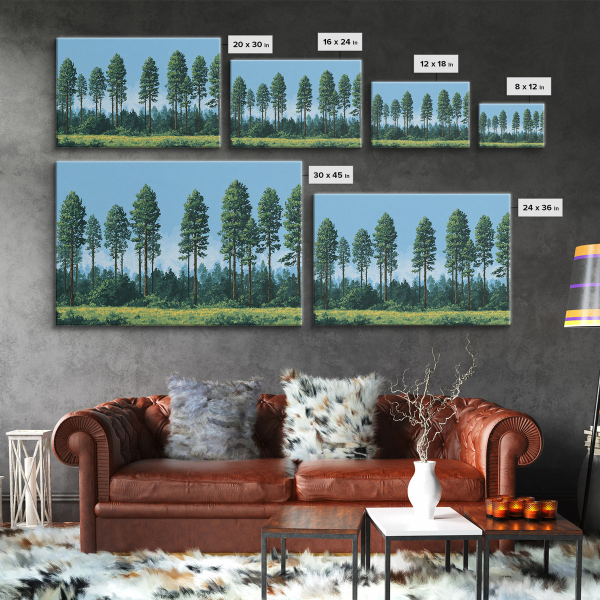 Tall Pine Forest Meadow Wall Art, Nature Landscape Canvas Print, Midcentury Modern Decor For Cabin Living Room Office Art