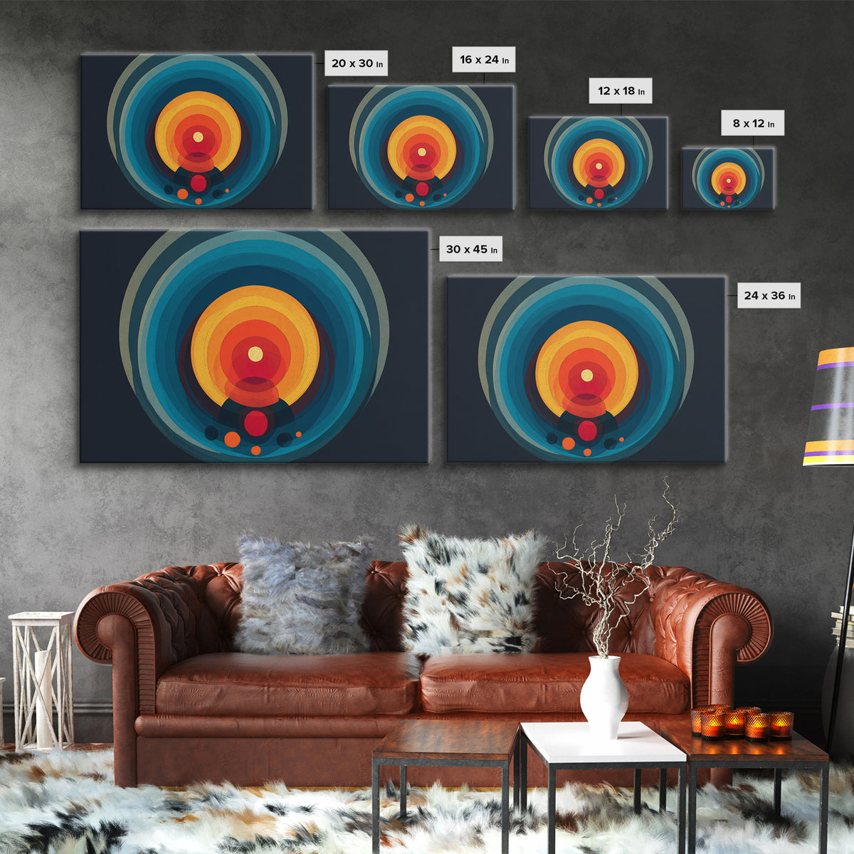 Teal Orange Circular Target Wall Art, Midcentury Modern Geometric Abstract, Bold Modern Decor, Retro Canvas Print For Office