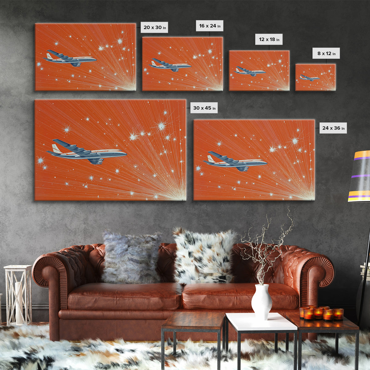 Orange Starburst Jet Canvas Print, Midcentury Modern Wall Art, Retro Aviation Poster, Bold Atomic Travel Decor Gift For Him